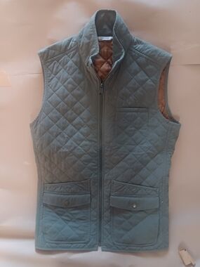 Duluth Trading Co Quilted Vest in Olive Green with Brown Lining (98)